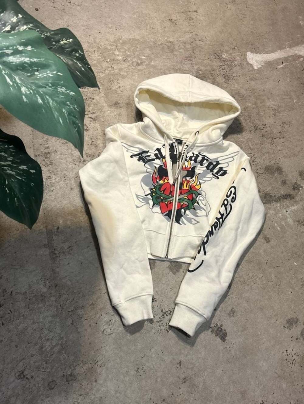 Ed Hardy Sacred Heart Ivory Crop Zip Hoodie